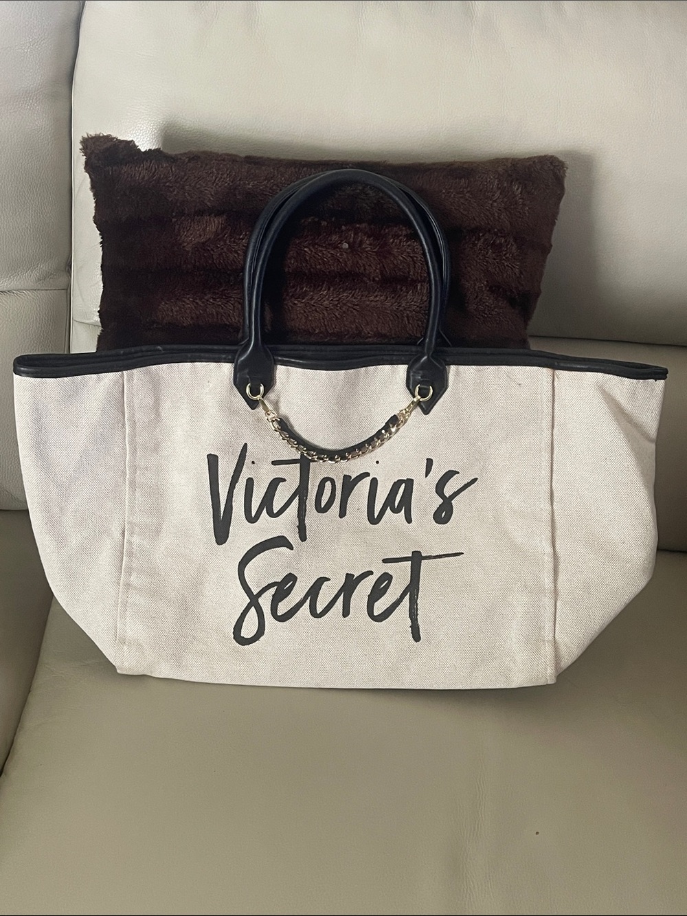 Victoria's Secret Cream Canvas Tote with Black Trim and Handles